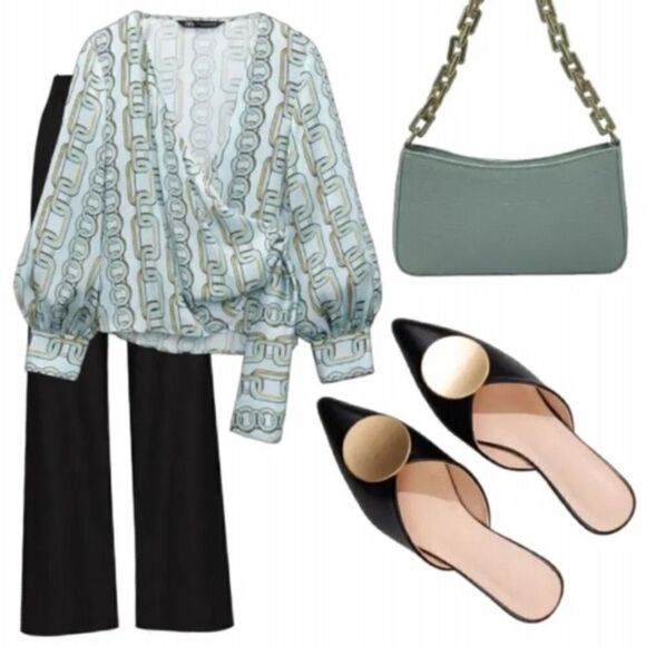 Xi Xi Women Asymmetric V Neck Blue Chain Print Long Sleeve Blouse Size M - Picture 3 of 10